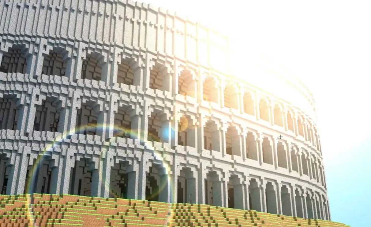 The arches of a Colosseum recreated in Minecraft blocks