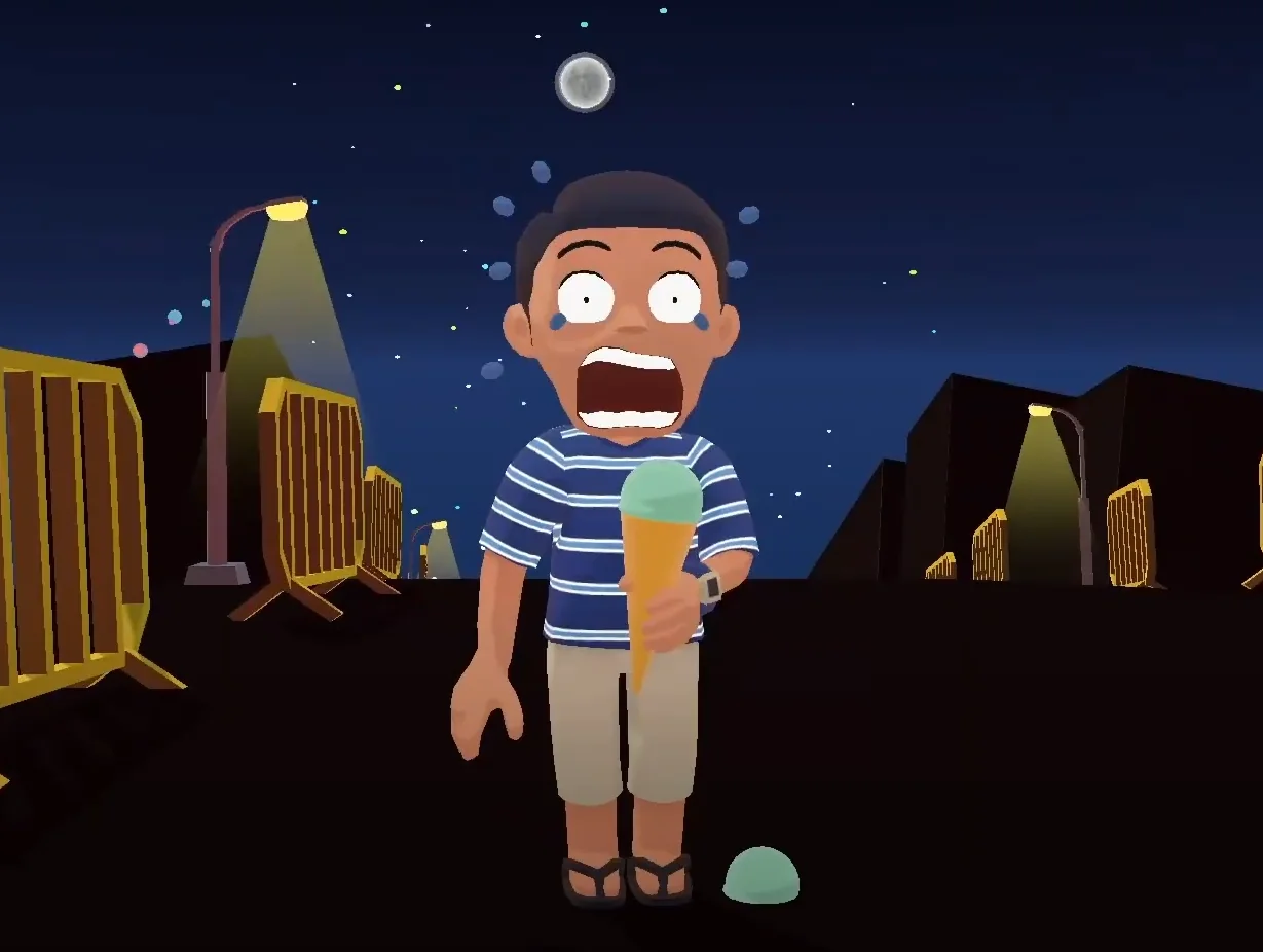 The brother reacting to his dropped ice cream on a moonlit street