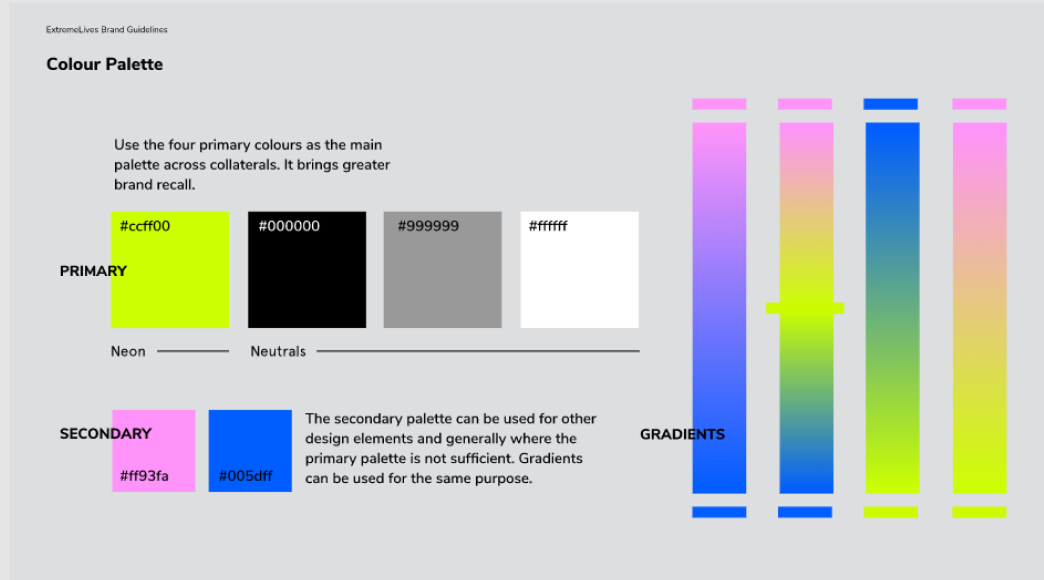 Colour palette guideline showing primary and secondary brand colors