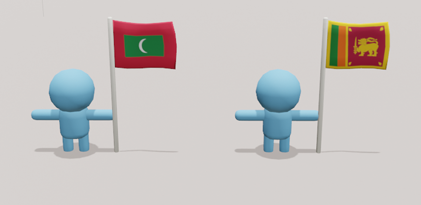 3D model sheet showing characters beside Maldives and Sri Lanka flags