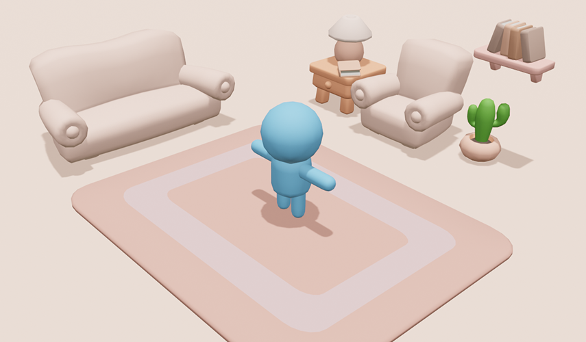 3D model sheet showing a home interior scene with a character
