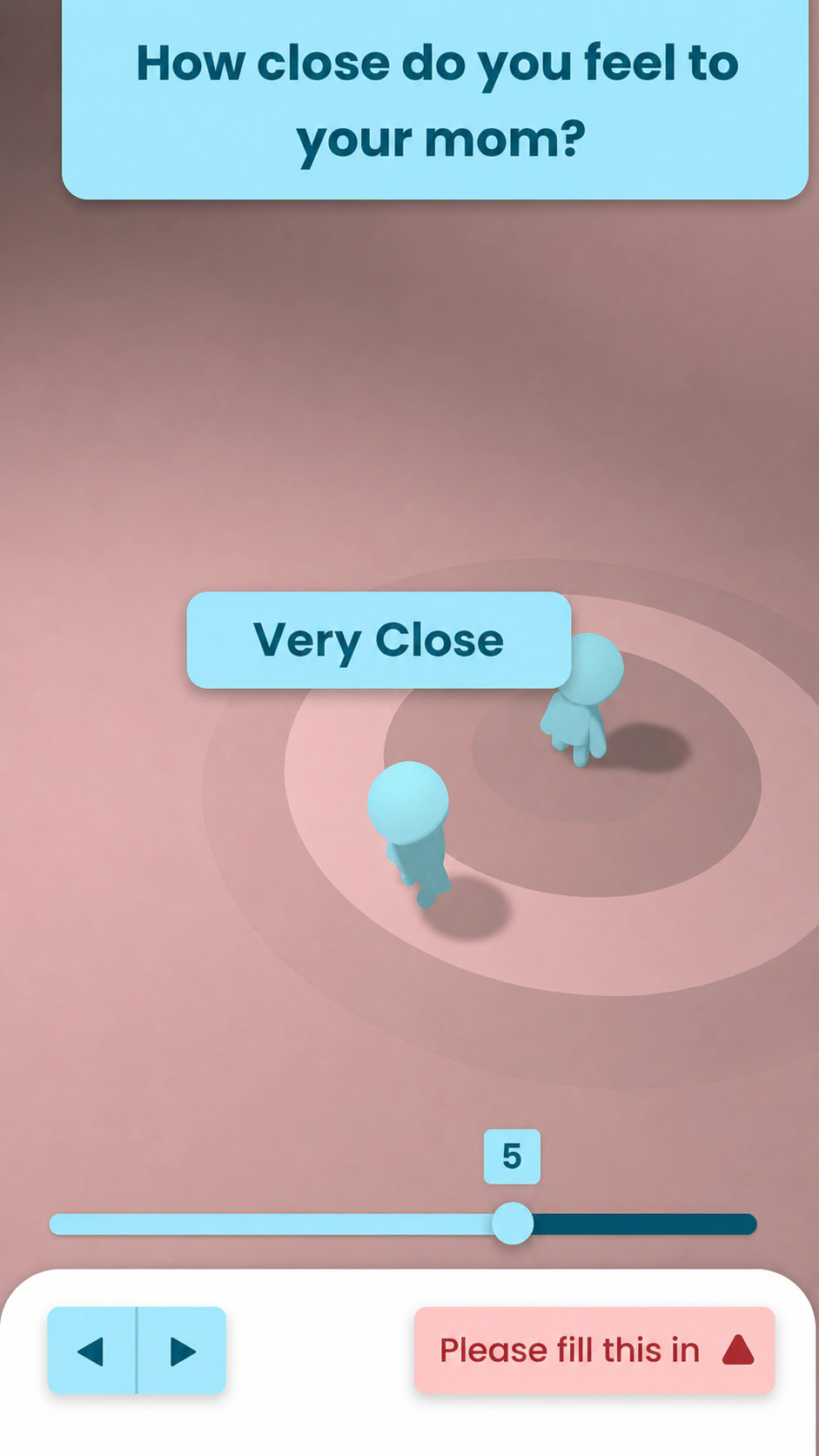 Early mobile prototype showing a closeness slider with two abstract characters
