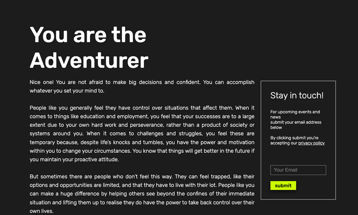 Final survey You are the Adventurer result explanation screen