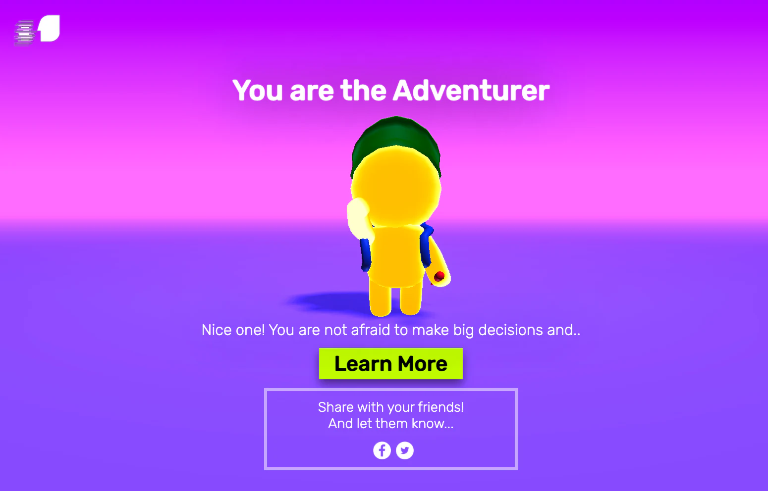 Final survey personalized Adventurer result screen