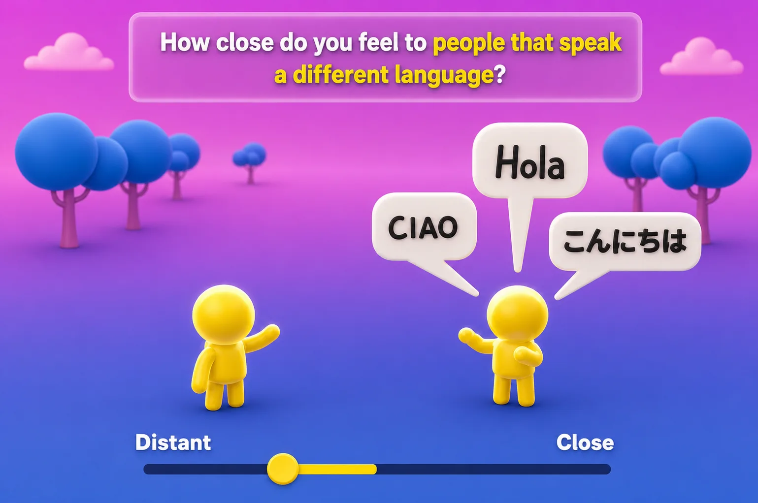 Mockup render showing a language closeness question with multilingual speech bubbles
