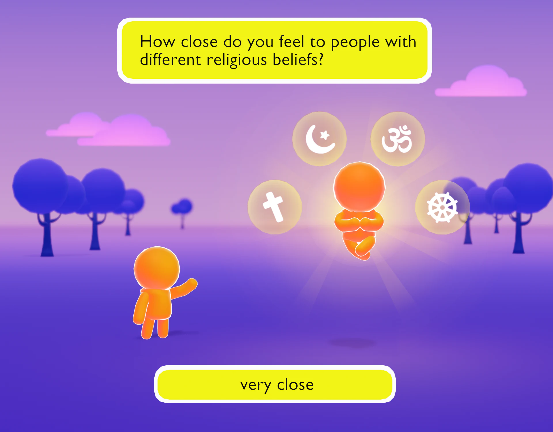 High-energy branded concept for a religious belief closeness question