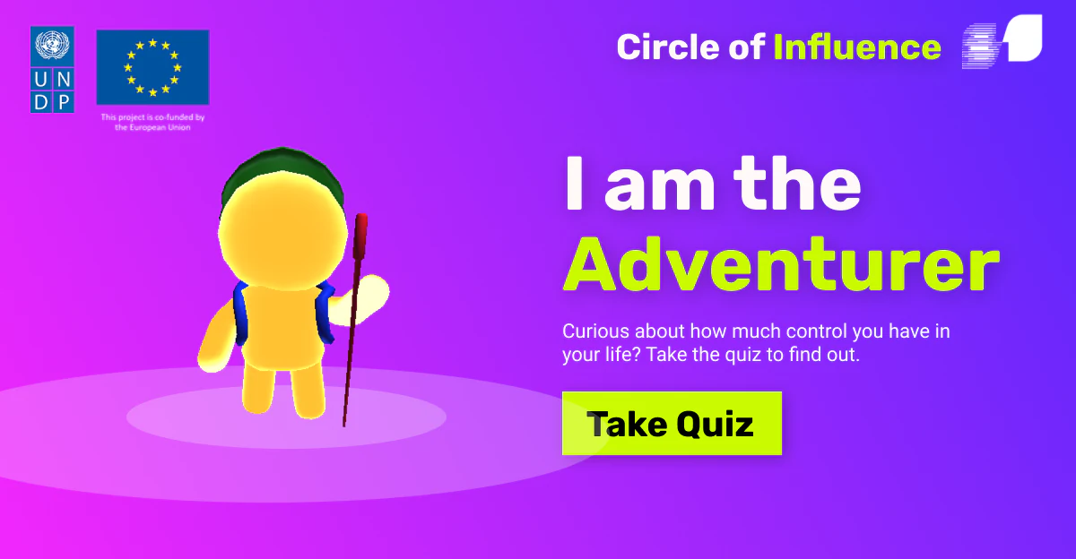 Adventurer result share card with abstract yellow character