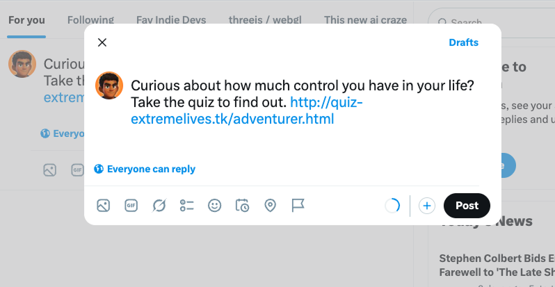 Generated Twitter post draft for sharing a quiz result