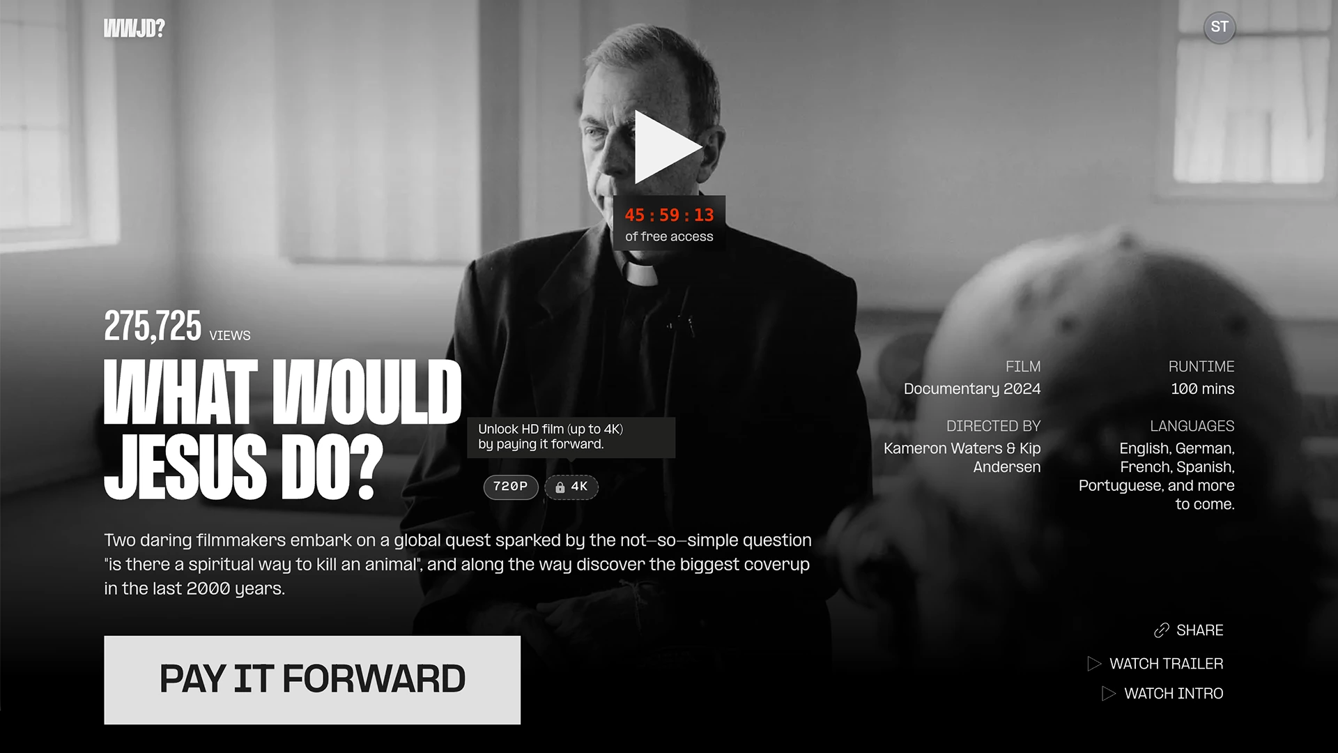 WWJD Browse page showing the free-viewing countdown, active 720p tier, locked 4K option, trailer, and introduction