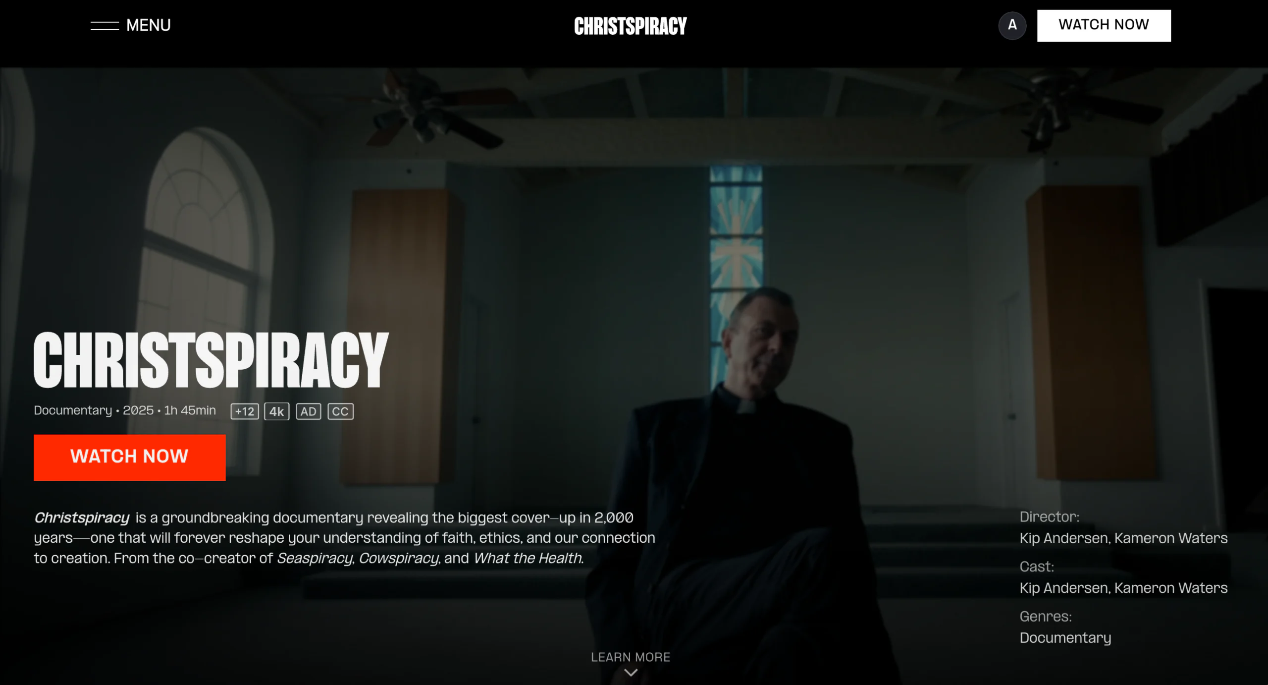 Christspiracy-branded film page showing the Christspiracy title, logo, and Watch now action