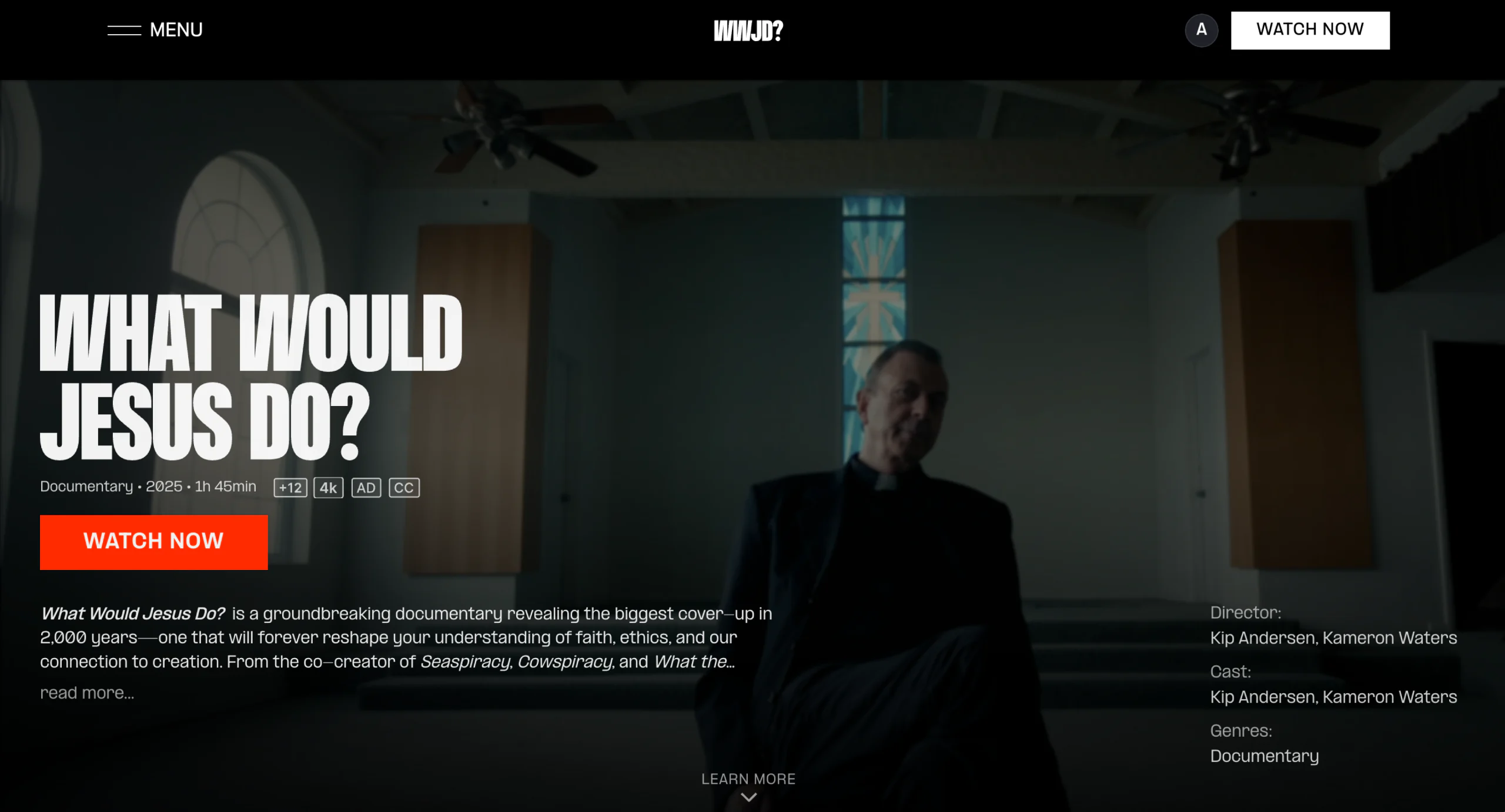 WWJD-branded film page showing the What Would Jesus Do title, WWJD logo, and Watch now action