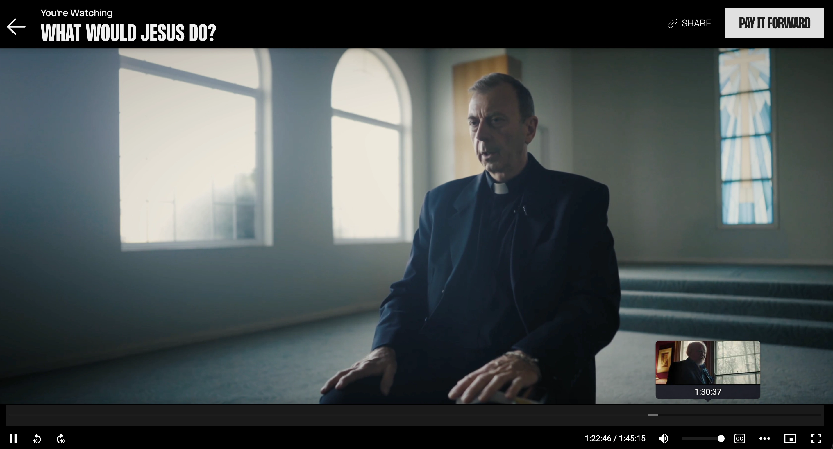 WWJD film player showing playback controls, sharing, Pay It Forward, and a timeline preview