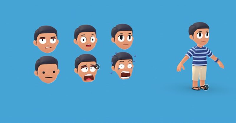 Ayya’s 3D character model and six facial expressions on a blue background
