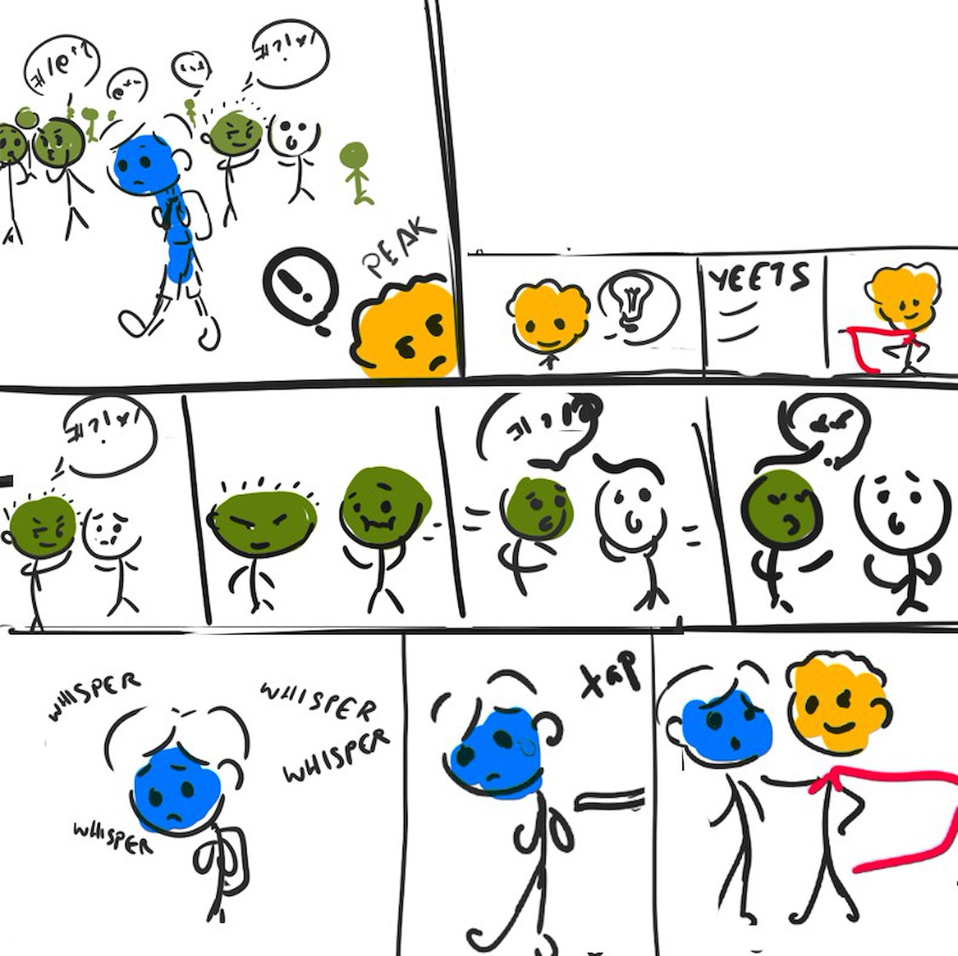 A hand-drawn storyboard shows a blue character being mocked before a yellow character steps in to comfort them