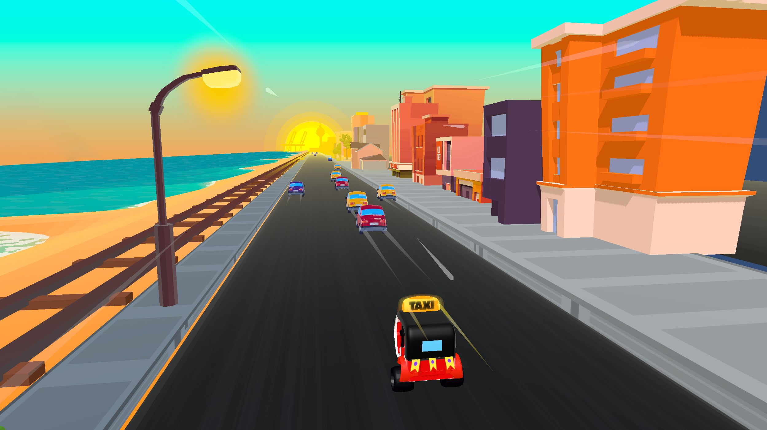 A tuk-tuk drives along a coastal road beside railway tracks and colourful buildings at sunset