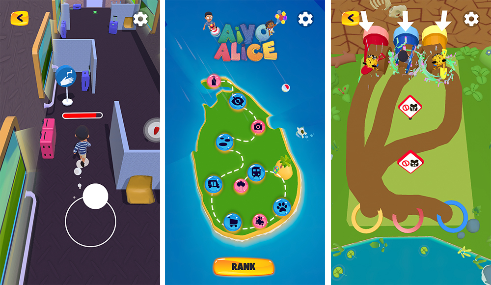 Three game screens show a train carriage, a Sri Lanka map with mini-game locations, and three coloured sorting lanes
