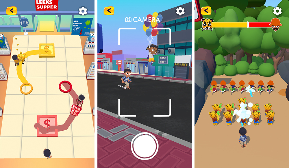 Three gameplay screens show a supermarket, a camera view of Nangi floating above the street, and a wildlife encounter