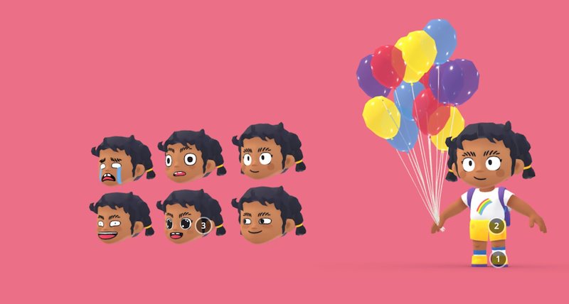 Nangi’s 3D character model holding balloons, alongside six facial expressions on a pink background